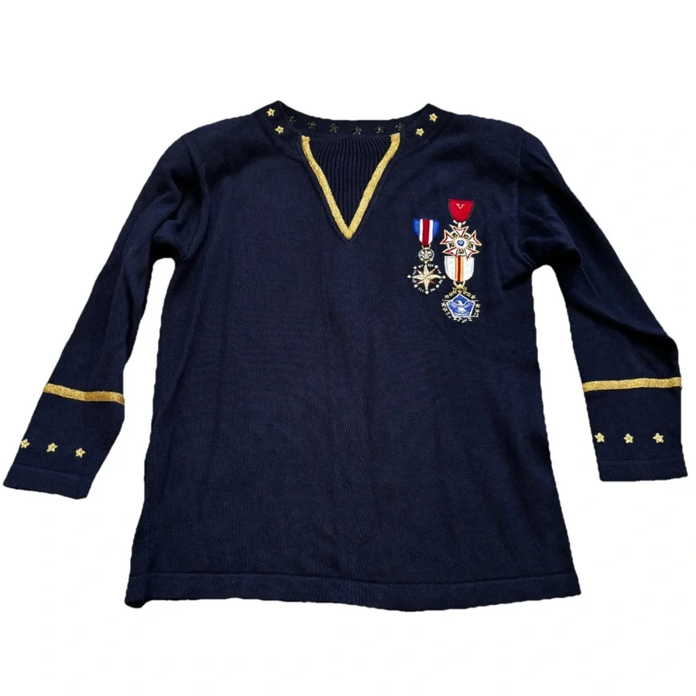 SUZELLE Military Style Navy Long Sleeve Sweater w/ Decorative Accents Nautical - Picture 1 of 7